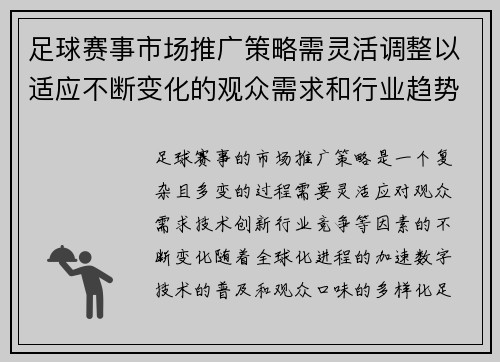 足球赛事市场推广策略需灵活调整以适应不断变化的观众需求和行业趋势